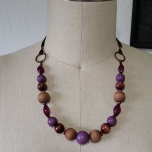 Beaded wood and satin ribbon necklace